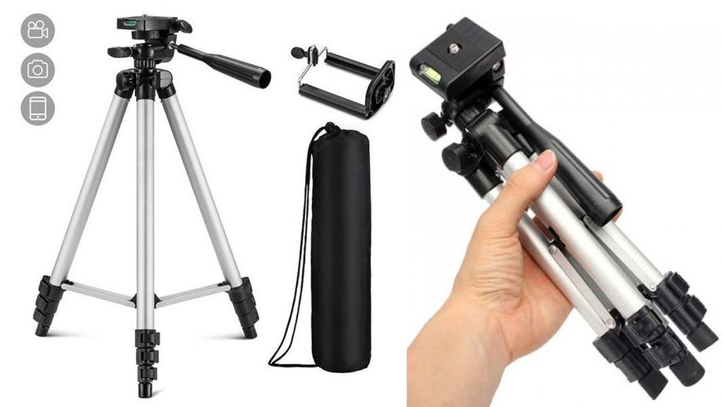 Pack Of 03 3.5 Feet Adjustable Tripod Stand for Mobile Phones and Cameras with Mobile Holder, Portable DSLR Stand for Vlogging, Universal Silver Model 3110 and Bag