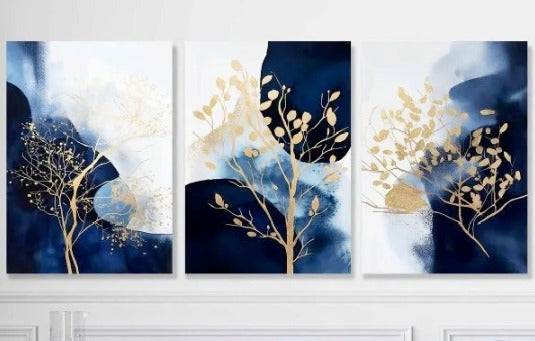 3-Piece Modern Wall Art Set 8x11 Inch Wooden Sticky Frames Blue Gold Abstract Canvas Wall Decor with Easy Mount Tape