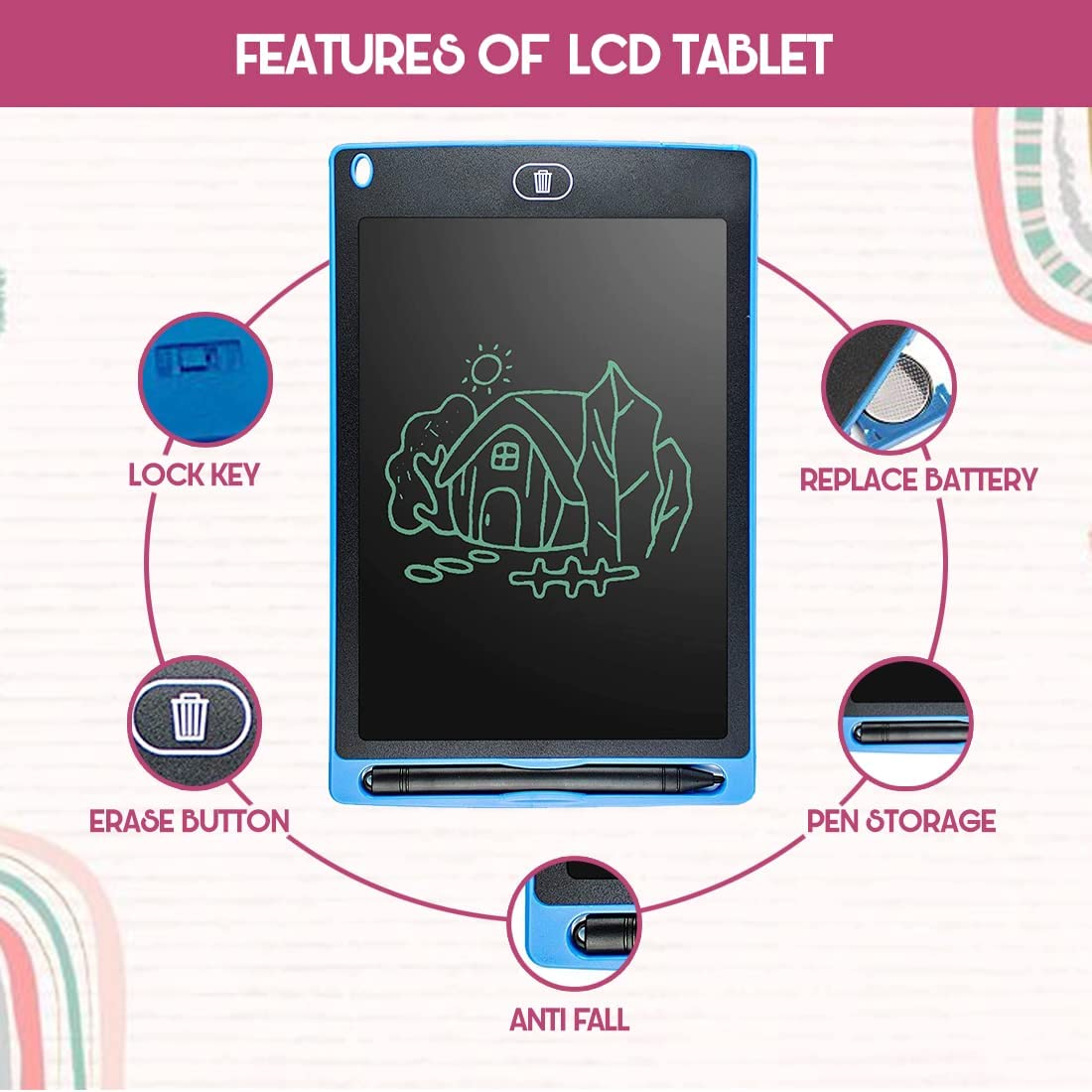 LCD Writing Tablet for Kids - Multi Colour Drawing Pad