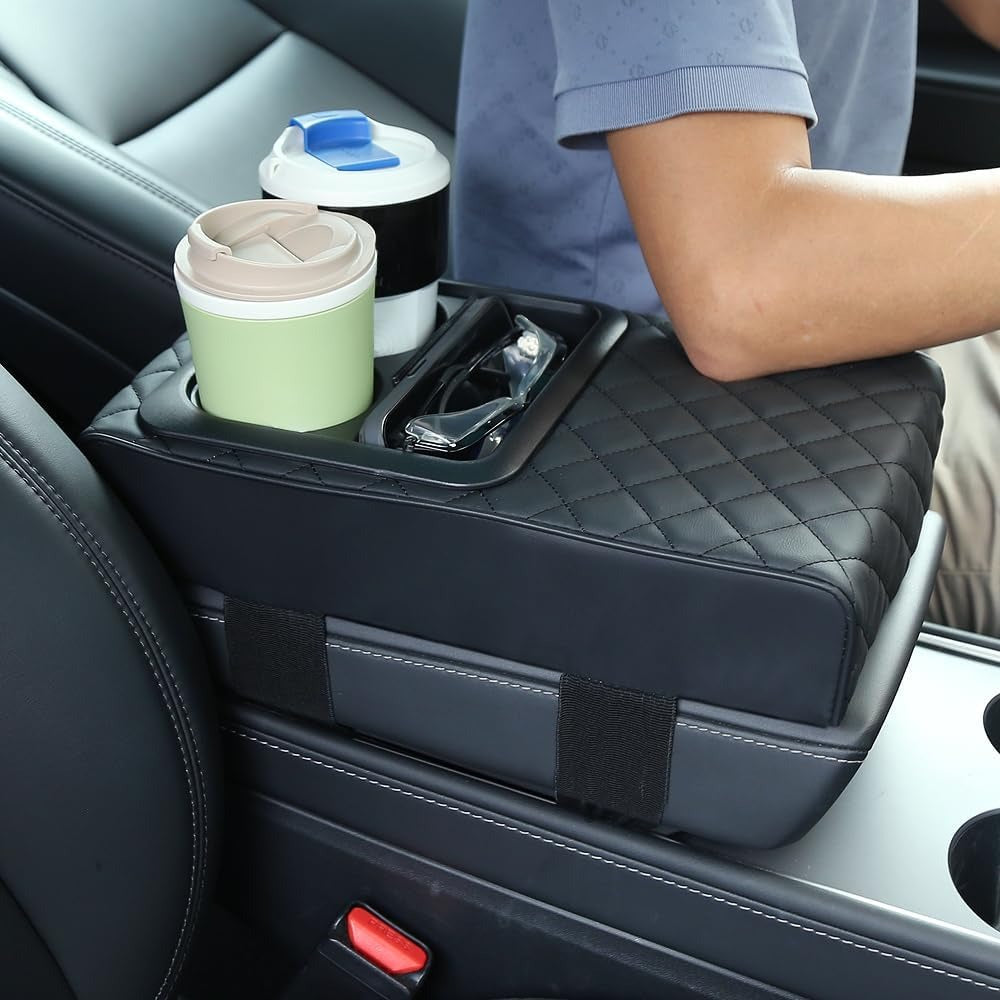 Car Armrest Cushion with Cup Holder & Storage Box – PU Leather Center Console Organizer Cover