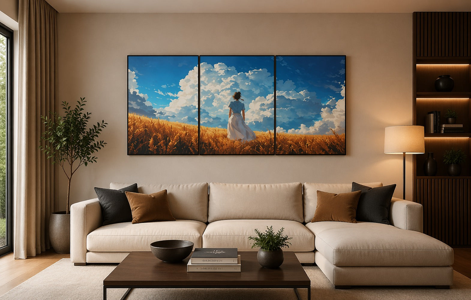 Set of 3 Studio Ghibli Style Anime Girl in Golden Wheat Field Wooden Sticky Wall Art Tiles for Modern Living Room and Bedroom Decor Ready Size 24x11 Inches Each