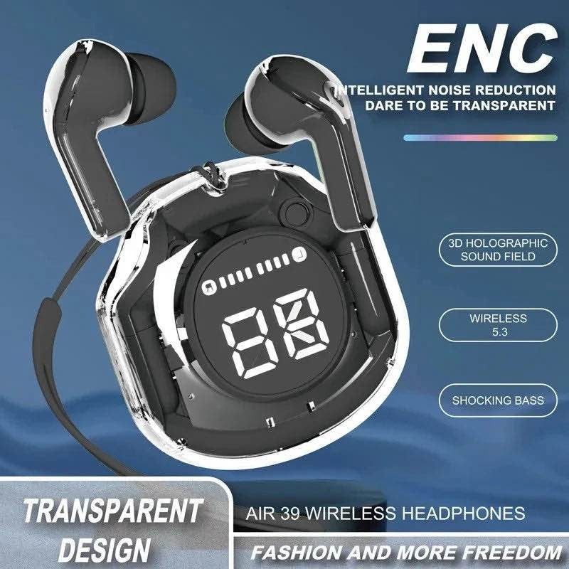 Air 39 TWS Wireless Earbuds: The Trendy Bluetooth 5.3 Gaming Headset with Transparent Charging Case (random colour)