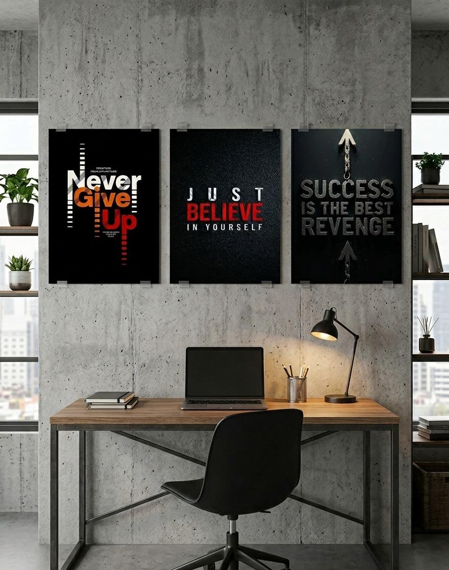 3-Piece Motivational Quote Wall Art Set 8x11 Inch Wooden Sticky Frames Inspirational Office Decor with Easy Mount Tape