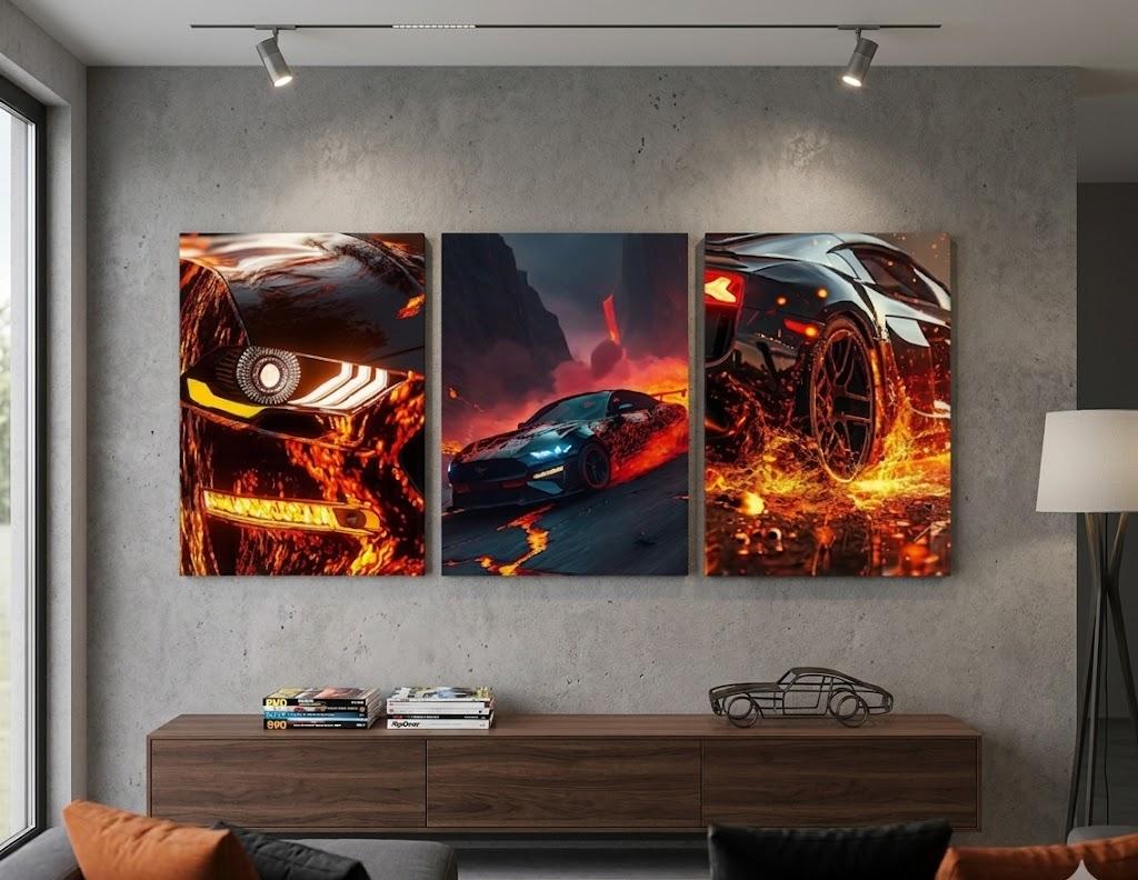 3-Piece Sports Car Wall Art Set 8x11 Inch Wooden Sticky Frames Fire Racing Car Canvas Decor with Easy Install Tape