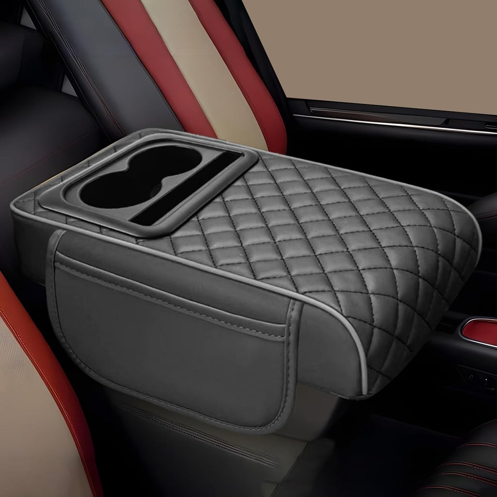 Car Armrest Cushion with Cup Holder & Storage Box – PU Leather Center Console Organizer Cover