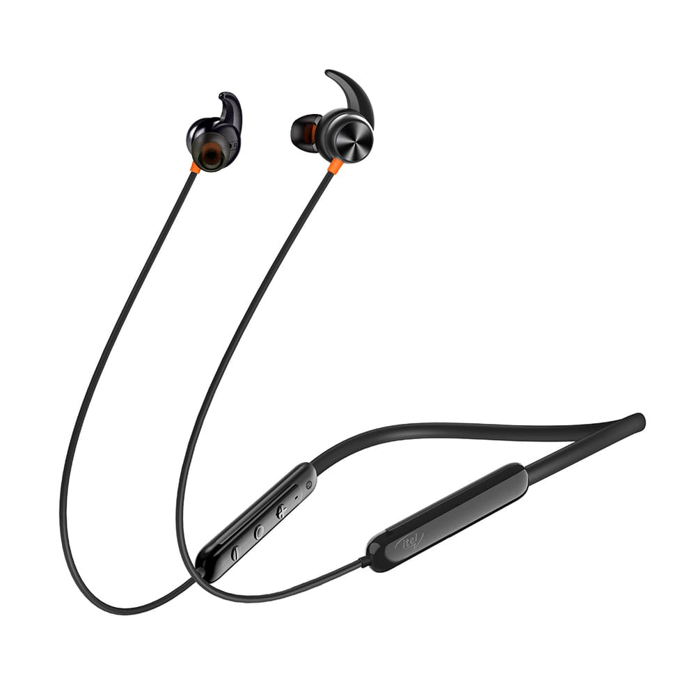 Itel Wireless Neckband – 20-Hour Playtime Bluetooth 5.0 Earphones with 10mm Bass Boost Drivers & IPX5 Water Resistance (Black)