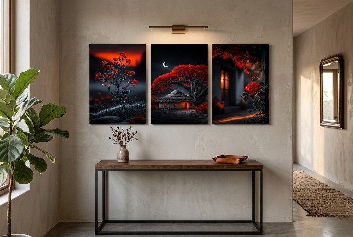 Moonlight Cottage and Red Floral Wooden Wall Art Frame Set