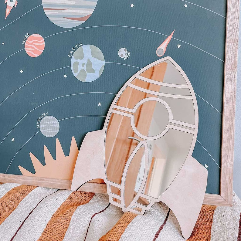 Acrylic Mirror Rocket Wall Decoration – Shatterproof Silver Mirror & Wood 3D Wall Art Sticker Decal for Kids Room (30cm)