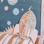 Acrylic Mirror Rocket Wall Decoration – Shatterproof Silver Mirror & Wood 3D Wall Art Sticker Decal for Kids Room (30cm)